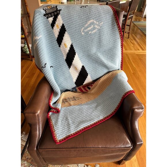 Vintage crocheted blanket with lighhouse scene 68" x 43" - Picture 2 of 7